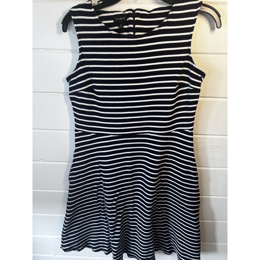 Talbots Dress Womens Medium Navy White Striped Sleeveless Knit Pockets Nautical